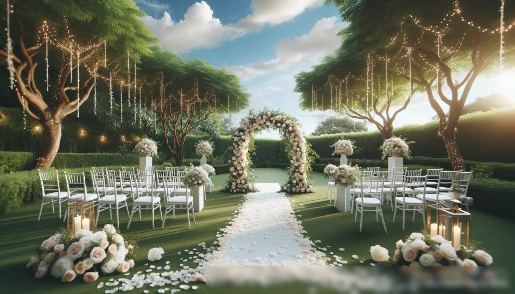 Уютная сцена наружной свадебной церемонии в зелёном саду - Пример 1