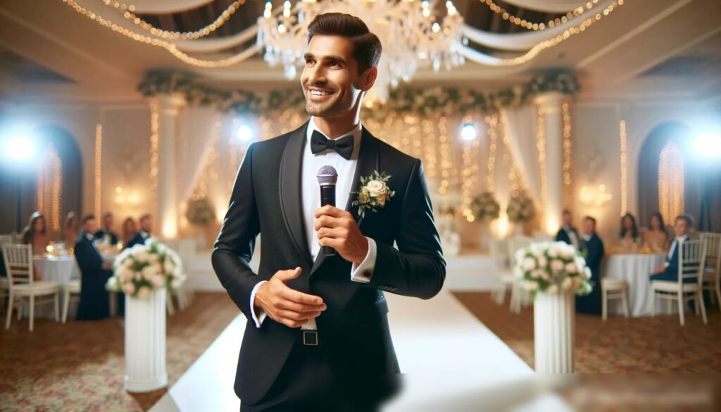 Изображение ведущего свадьбы в элегантном черном смокинге, стоящего на красиво украшенной сцене с микрофоном в руке, на фоне праздничного свадебного зала - Пример 2