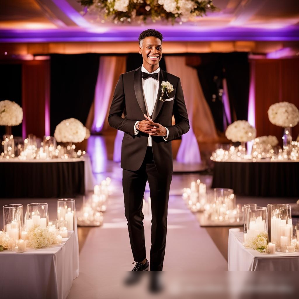 Изображение ведущего свадьбы в элегантном черном смокинге, стоящего на красиво украшенной сцене с микрофоном в руке, на фоне праздничного свадебного зала - Пример 3