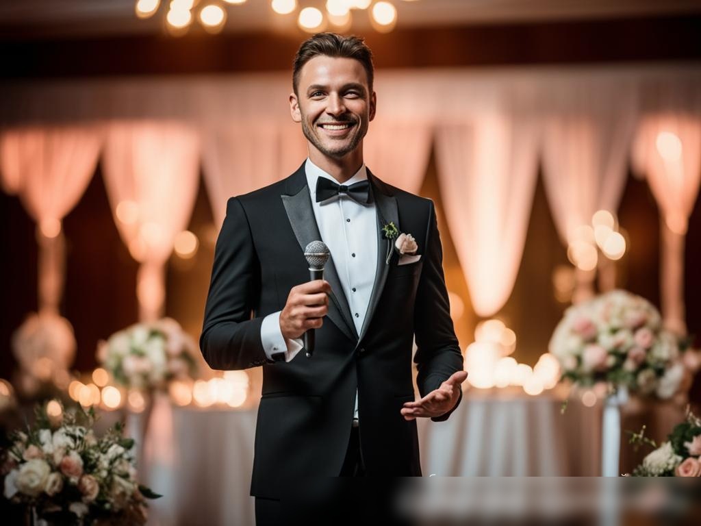 Изображение ведущего свадьбы в элегантном черном смокинге, стоящего на красиво украшенной сцене с микрофоном в руке, на фоне праздничного свадебного зала - Пример 4