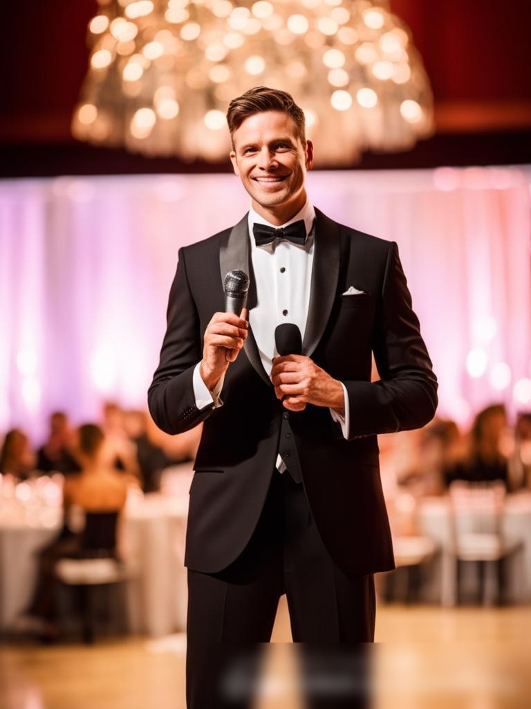 Изображение ведущего свадьбы в элегантном черном смокинге, стоящего на красиво украшенной сцене с микрофоном в руке, на фоне праздничного свадебного зала - Пример 5