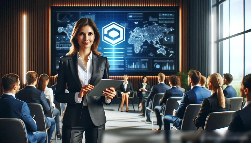 Изображение женщины-ведущей корпоративного мероприятия в стильном деловом костюме, держащей планшет, на фоне современного конференц-зала - Пример 2