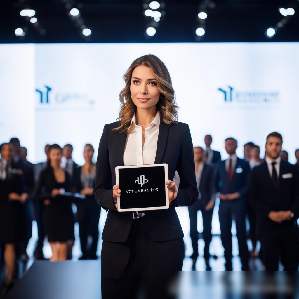 Изображение женщины-ведущей корпоративного мероприятия в стильном деловом костюме, держащей планшет, на фоне современного конференц-зала - Пример 3