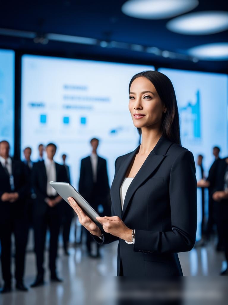Изображение женщины-ведущей корпоративного мероприятия в стильном деловом костюме, держащей планшет, на фоне современного конференц-зала - Пример 5