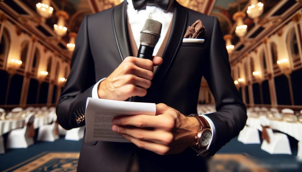 Крупный план рук ведущего мероприятий, держащего сценарий и беспроводной микрофон, с размытым фоном роскошного банкетного зала - Пример 2