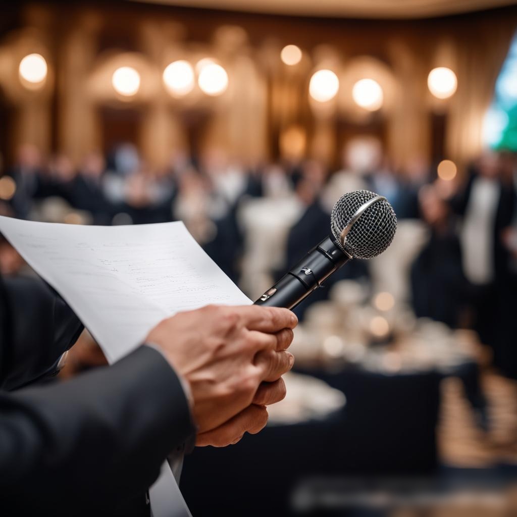 Крупный план рук ведущего мероприятий, держащего сценарий и беспроводной микрофон, с размытым фоном роскошного банкетного зала - Пример 3