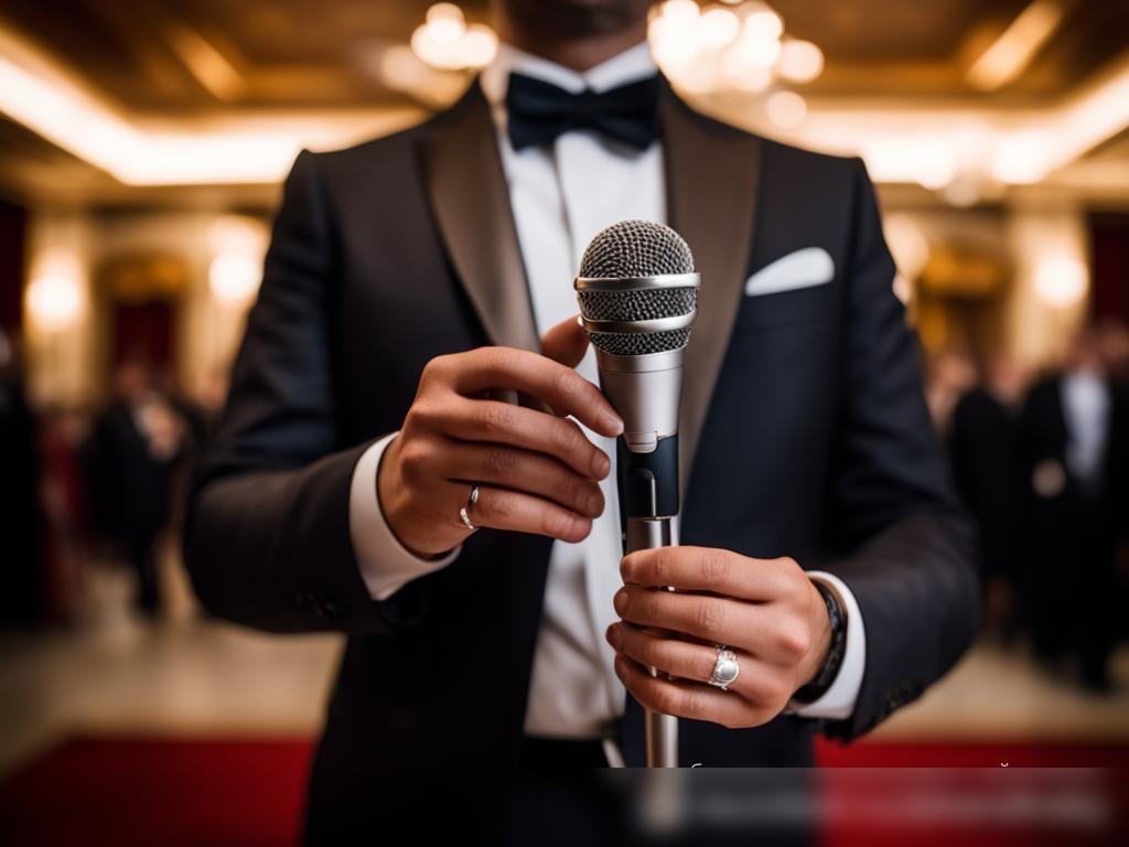 Крупный план рук ведущего мероприятий, держащего сценарий и беспроводной микрофон, с размытым фоном роскошного банкетного зала - Пример 4