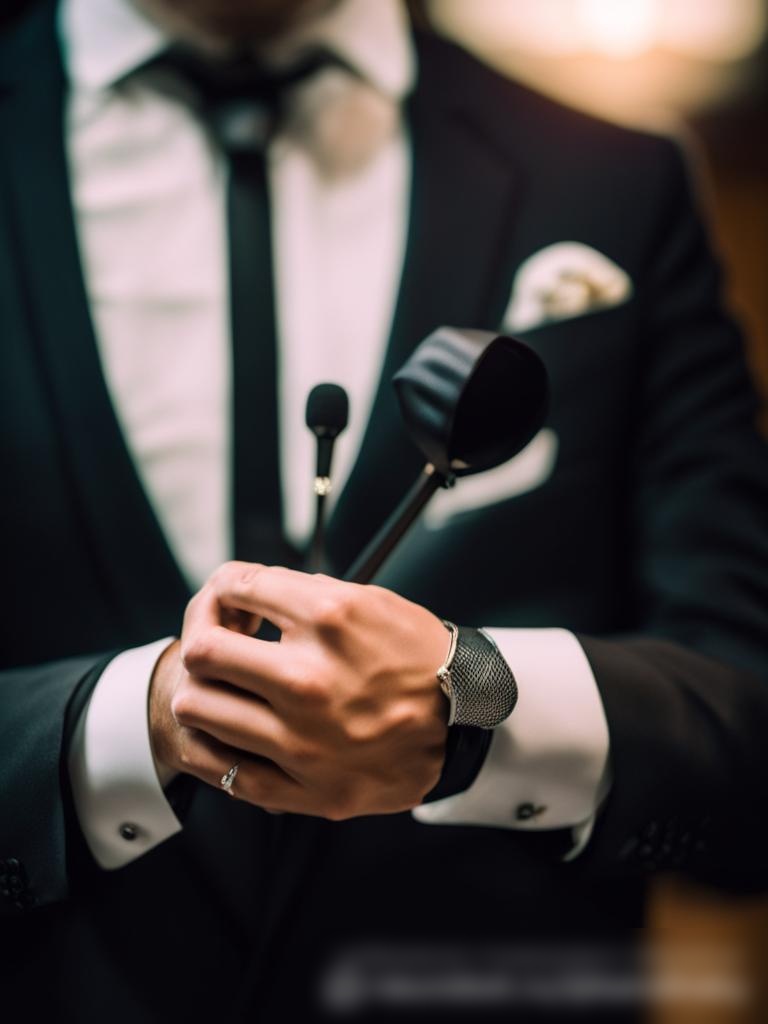 Крупный план рук ведущего мероприятий, держащего сценарий и беспроводной микрофон, с размытым фоном роскошного банкетного зала - Пример 5