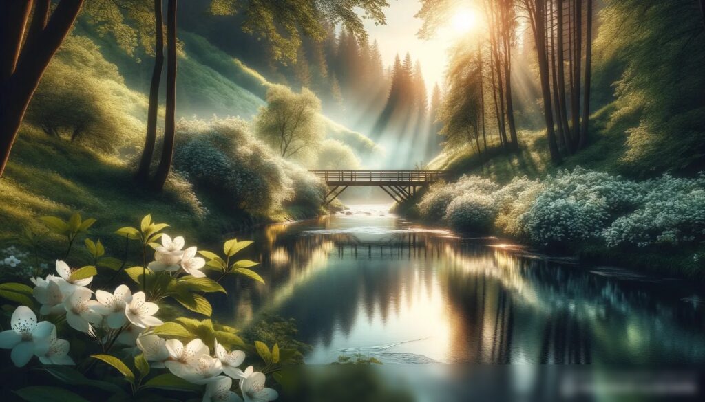 Спокойный пейзаж с рекой, протекающей через зеленый лес - Пример 2