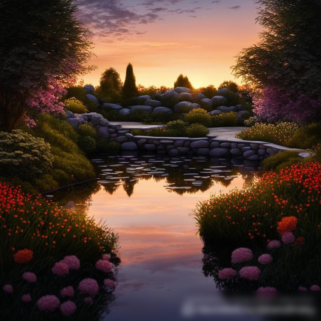 Красивая, спокойная сцена на открытом воздухе в сумерках с каменной дорожкой, ведущей через ухоженный сад - Пример 3