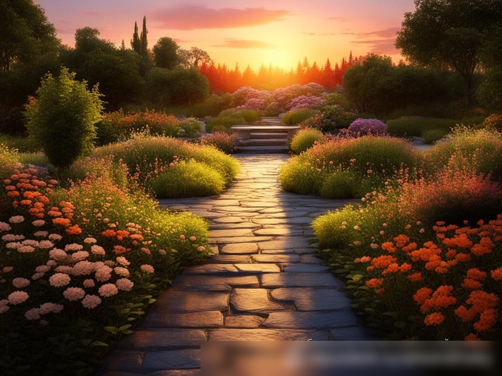 Красивая, спокойная сцена на открытом воздухе в сумерках с каменной дорожкой, ведущей через ухоженный сад - Пример 4