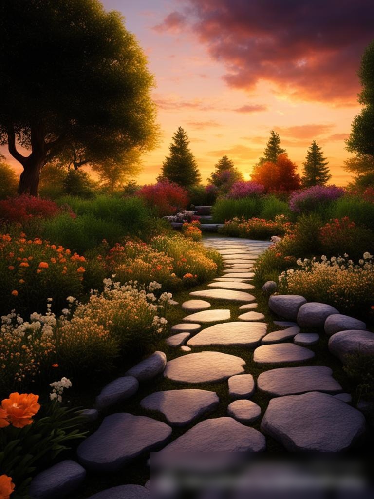 Красивая, спокойная сцена на открытом воздухе в сумерках с каменной дорожкой, ведущей через ухоженный сад - Пример 5