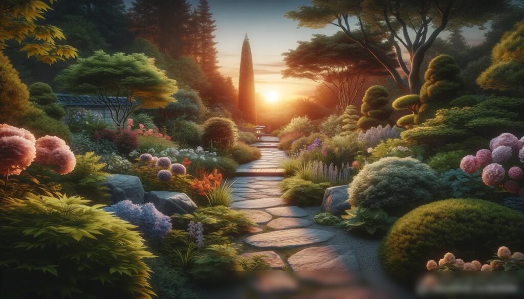 Красивая, спокойная сцена на открытом воздухе в сумерках с каменной дорожкой, ведущей через ухоженный сад - Пример 1