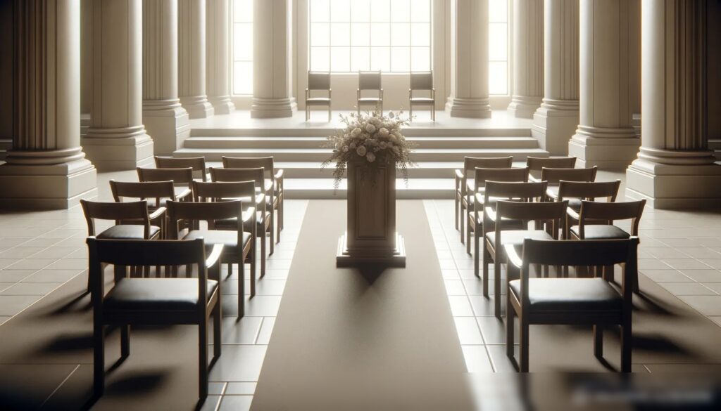 Торжественная сцена с рядами пустых деревянных стульев, обращенных к небольшой, изысканной трибуне - Пример 2