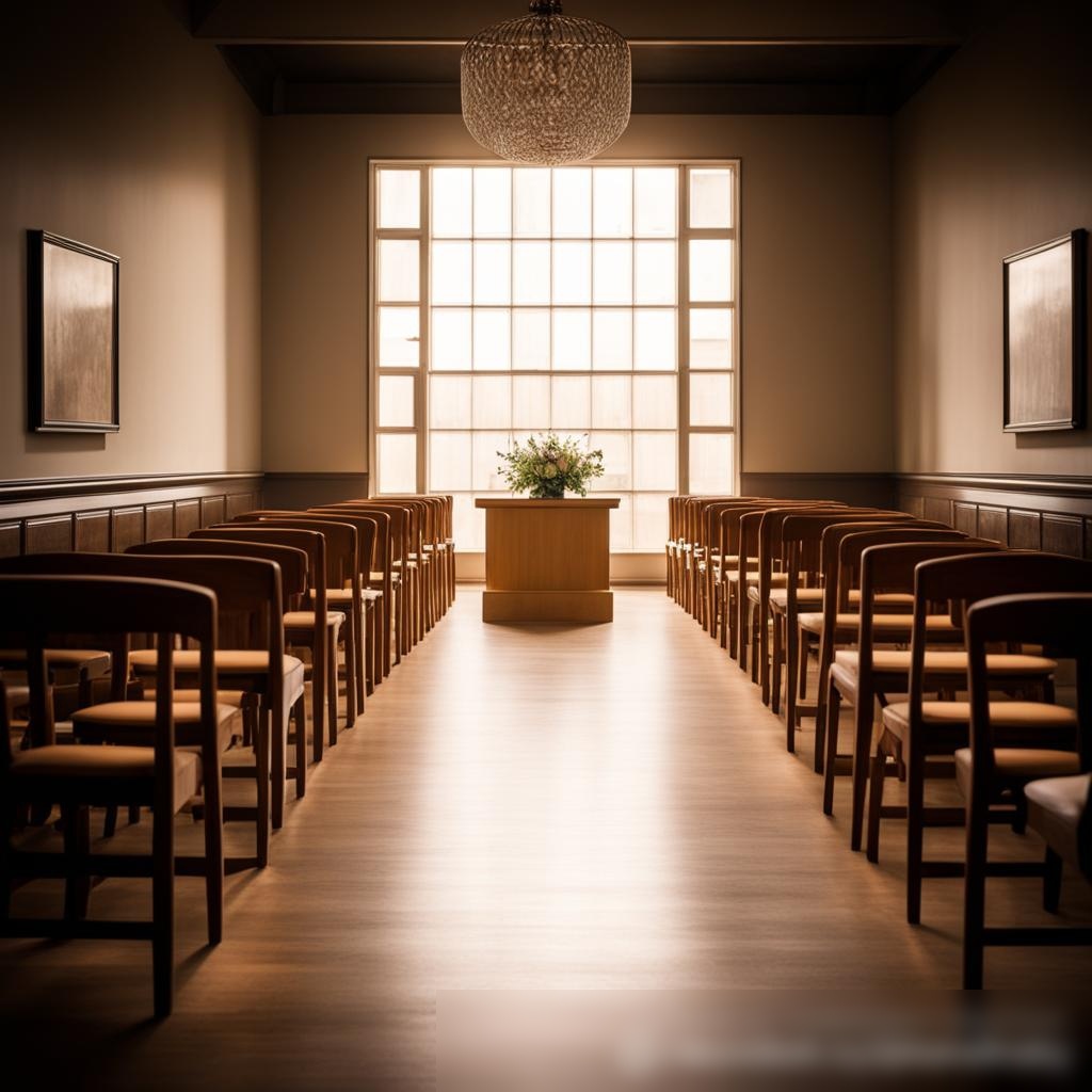 Торжественная сцена с рядами пустых деревянных стульев, обращенных к небольшой, изысканной трибуне - Пример 3