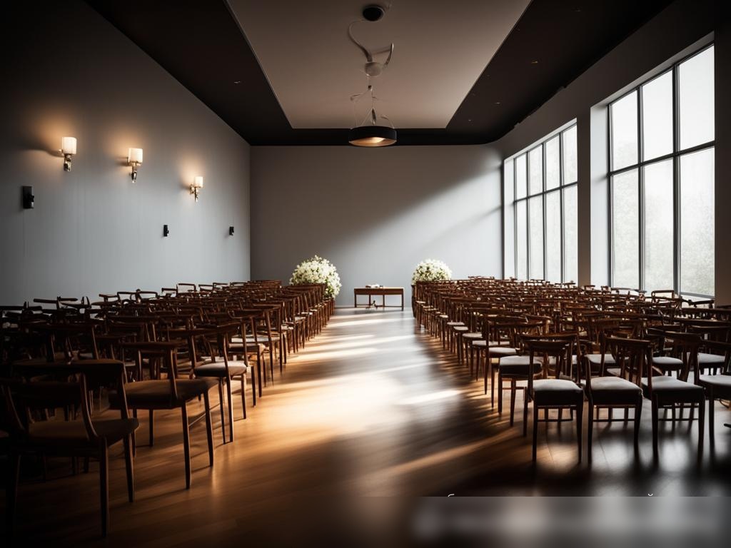 Торжественная сцена с рядами пустых деревянных стульев, обращенных к небольшой, изысканной трибуне - Пример 4