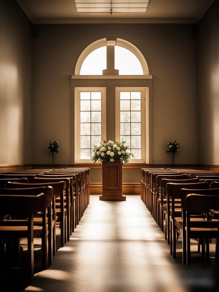 Торжественная сцена с рядами пустых деревянных стульев, обращенных к небольшой, изысканной трибуне - Пример 5