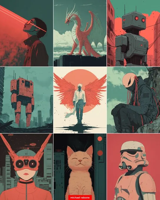 Teal and Red Futuristic Vector Art - Пример 2