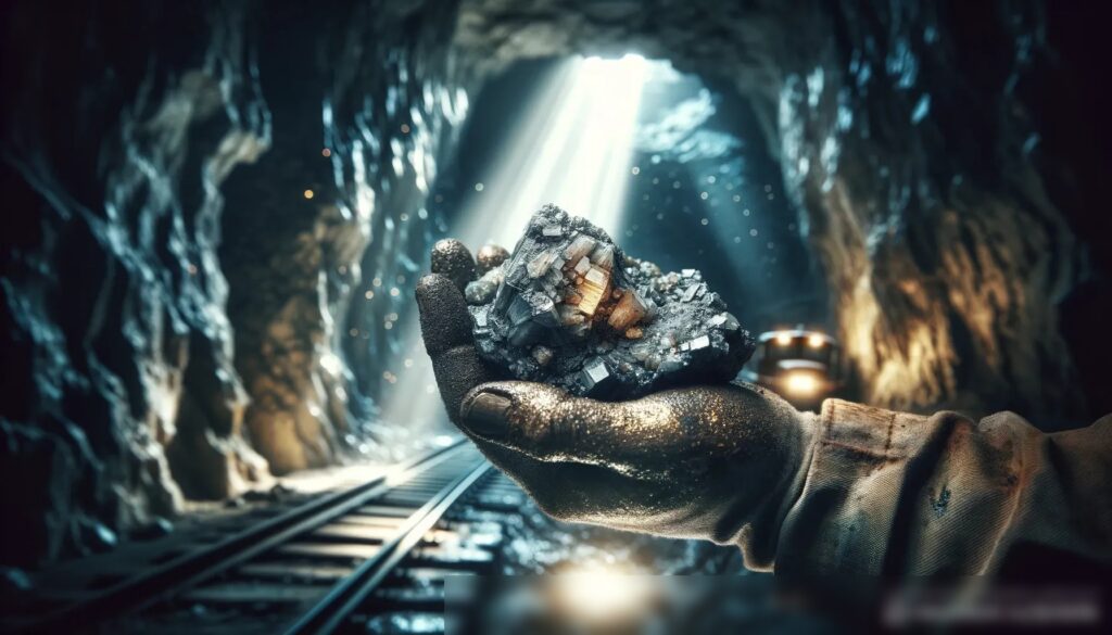 Крупный план рук шахтера, держащего кусок сырой руды - Пример 1