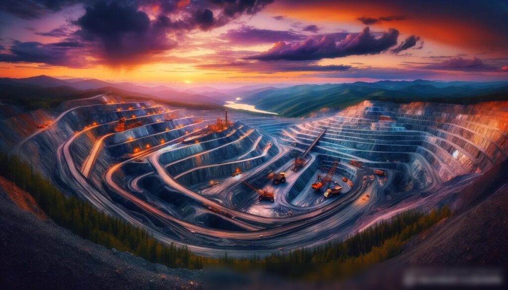 Панорамный вид на крупный открытый золотой рудник в Уральских горах на закате - Пример 2