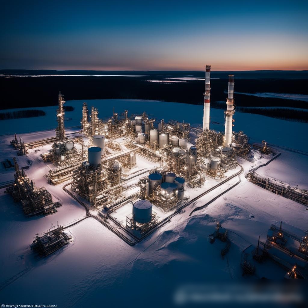 Художественное изображение завода по переработке природного газа на Дальнем Востоке России в зимний вечер - Пример 3