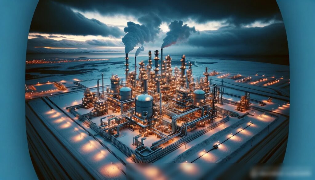 Художественное изображение завода по переработке природного газа на Дальнем Востоке России в зимний вечер - Пример 1