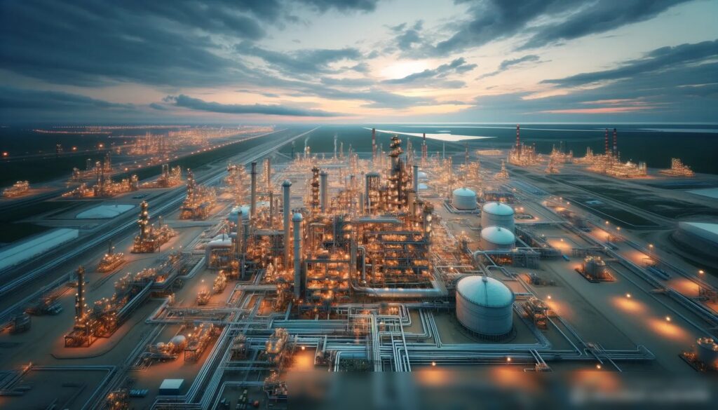 Панорамный вид на завод по переработке природного газа в России в сумеречные часы - Пример 1