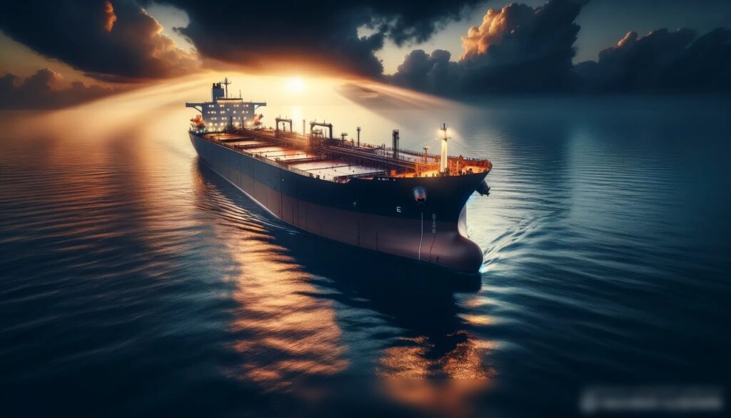 Драматичная вечерняя сцена с большим танкером в море - Пример 2