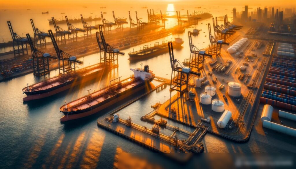 Динамичный вид с воздуха на крупный коммерческий порт на рассвете - Пример 1