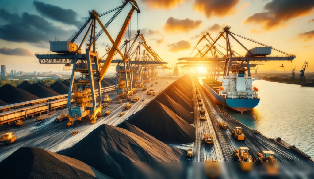 Оживленный угольный порт на закате с кранами, разгружающими уголь с кораблей - Пример 2