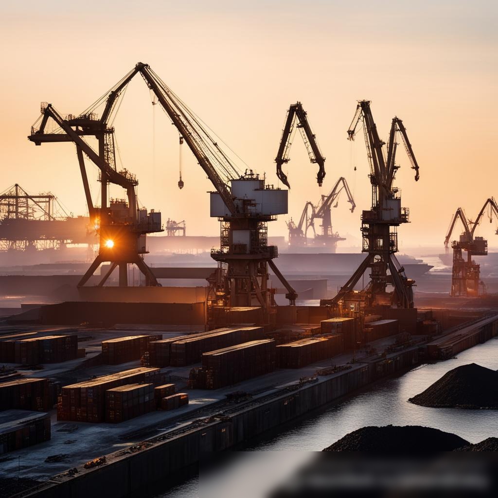 Оживленный угольный порт на закате с кранами, разгружающими уголь с кораблей - Пример 3
