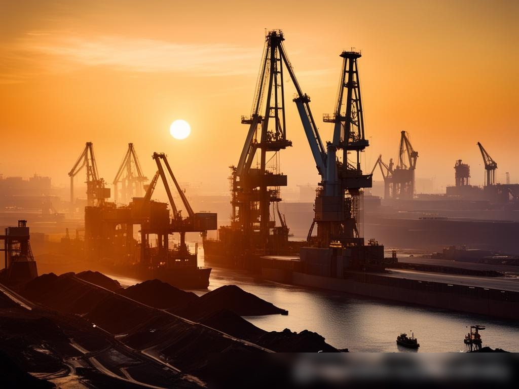 Оживленный угольный порт на закате с кранами, разгружающими уголь с кораблей - Пример 4