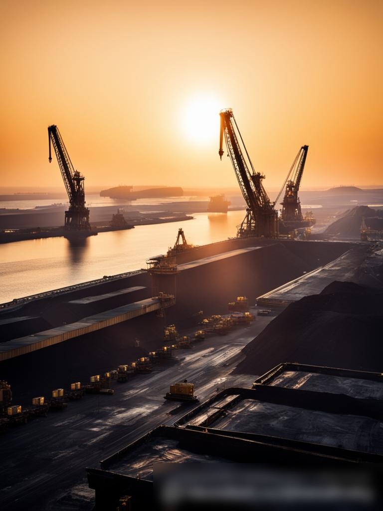 Оживленный угольный порт на закате с кранами, разгружающими уголь с кораблей - Пример 5