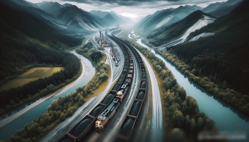 Вид сверху на угольный грузовой поезд, движущийся по горному ландшафту - Пример 2