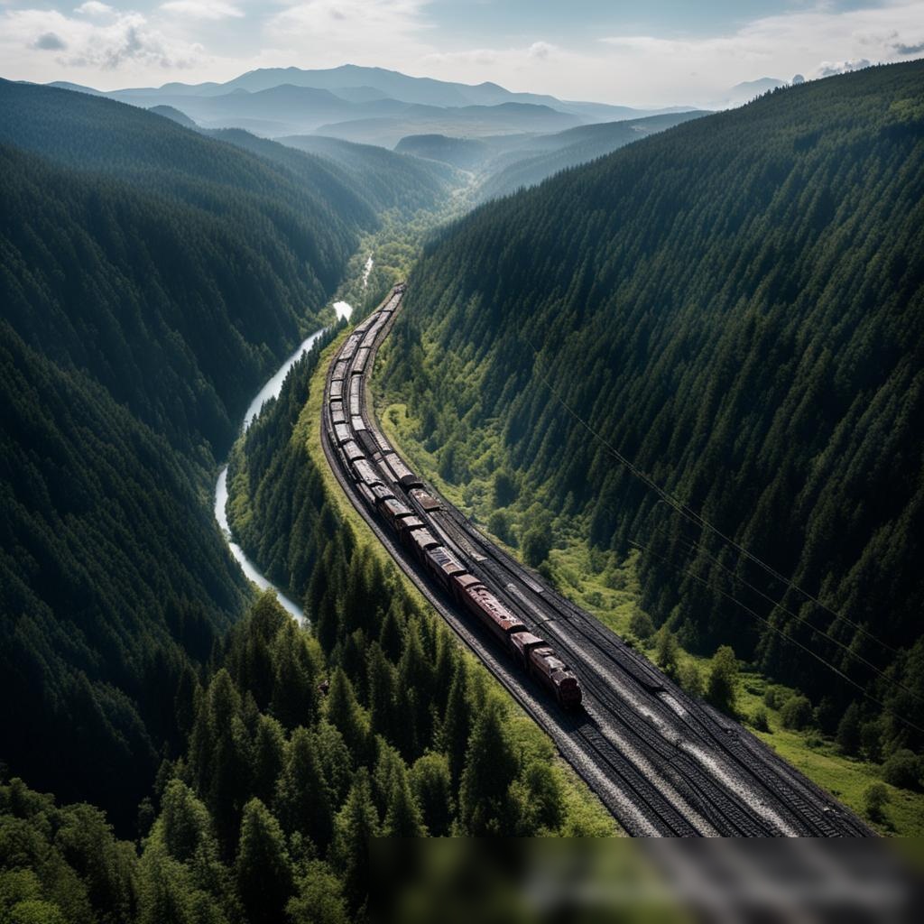 Вид сверху на угольный грузовой поезд, движущийся по горному ландшафту - Пример 3