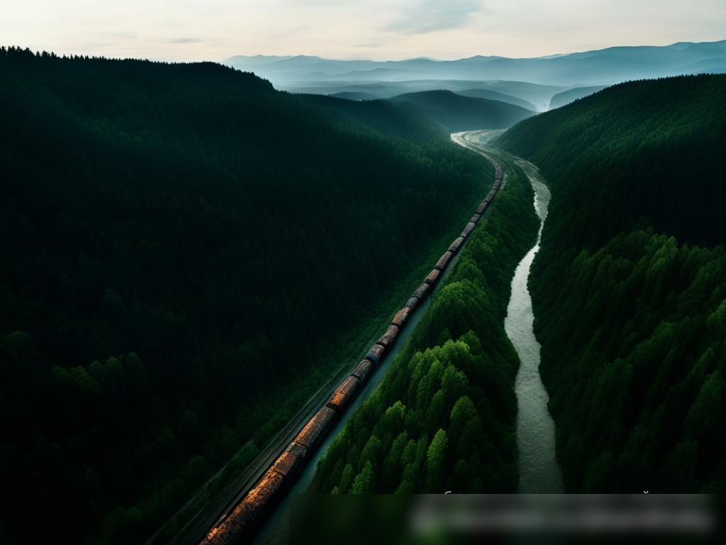 Вид сверху на угольный грузовой поезд, движущийся по горному ландшафту - Пример 4