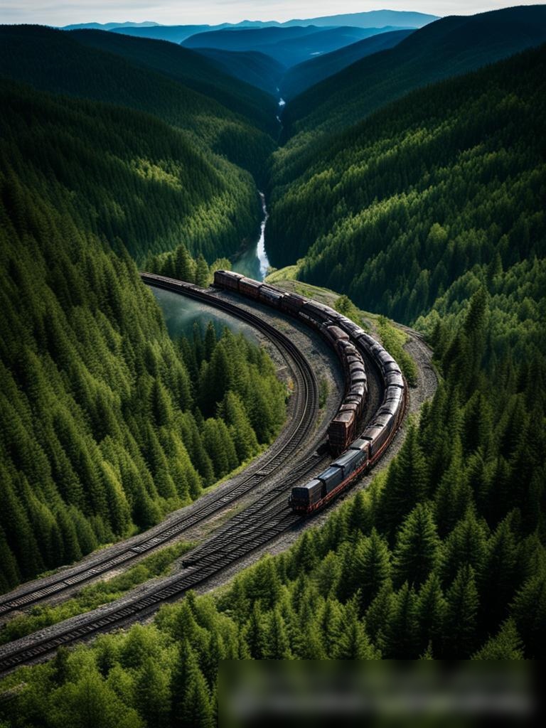 Вид сверху на угольный грузовой поезд, движущийся по горному ландшафту - Пример 5