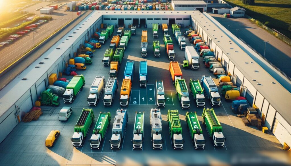 Вид сверху на автопарк мусоровозов, аккуратно выстроенных на депо - Пример 1