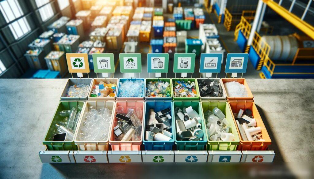 Крупный план различных видов отходов, аккуратно разделенных по маркированным, цветным контейнерам - Пример 2