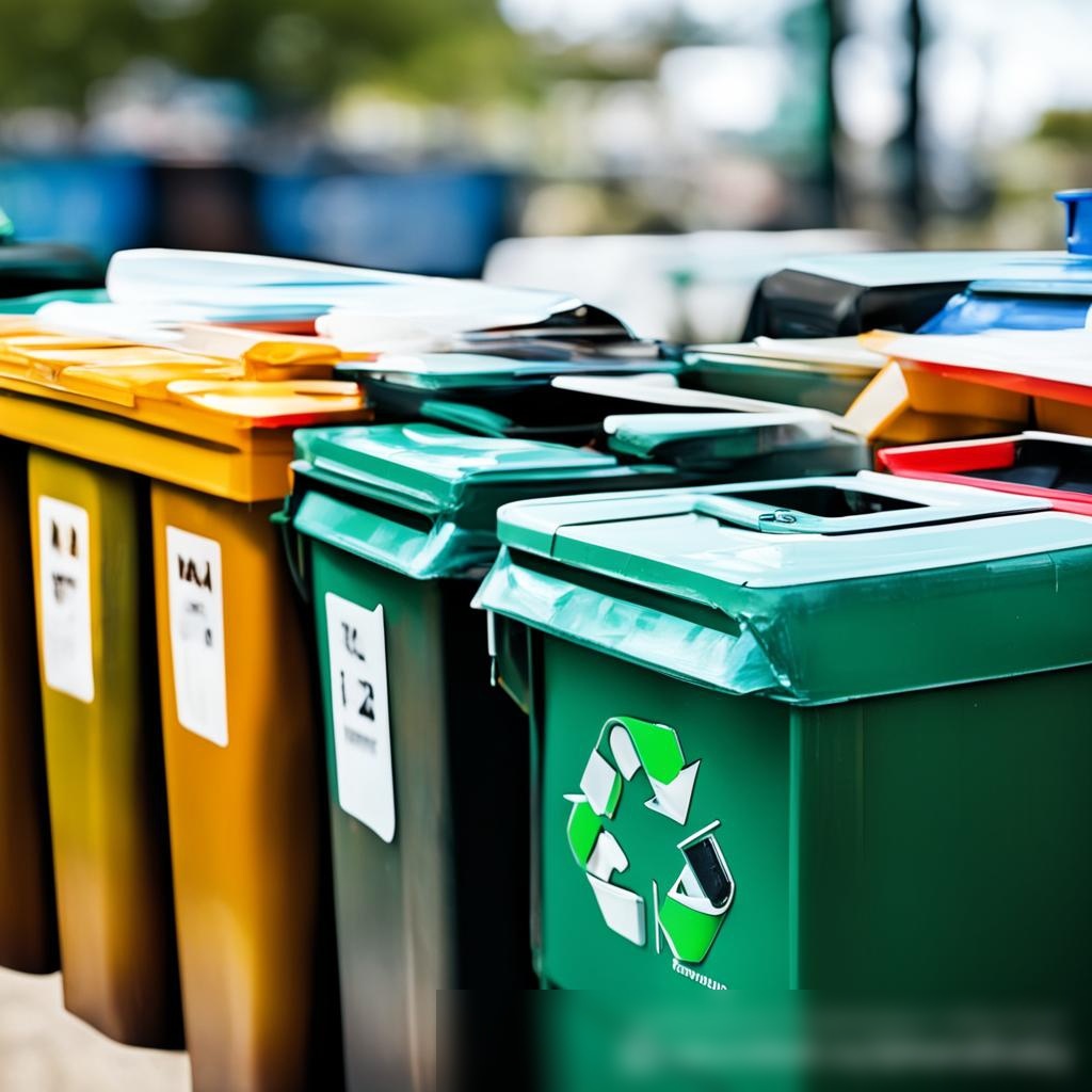 Крупный план различных видов отходов, аккуратно разделенных по маркированным, цветным контейнерам - Пример 3