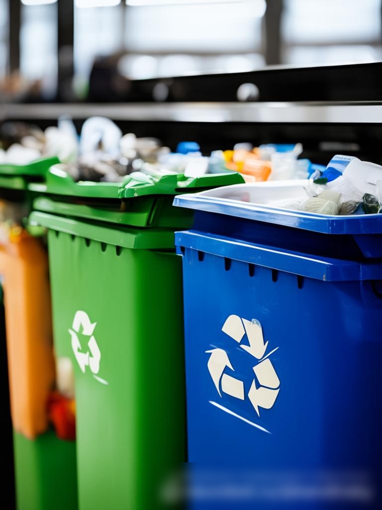 Крупный план различных видов отходов, аккуратно разделенных по маркированным, цветным контейнерам - Пример 5