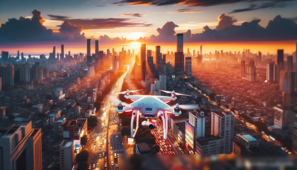 Современный квадрокоптер, парящий над оживленным городским пейзажем на закате - Пример 2