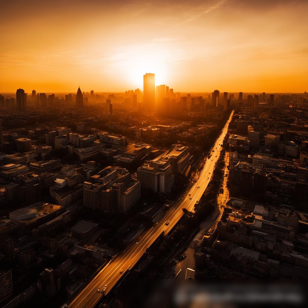 Современный квадрокоптер, парящий над оживленным городским пейзажем на закате - Пример 3