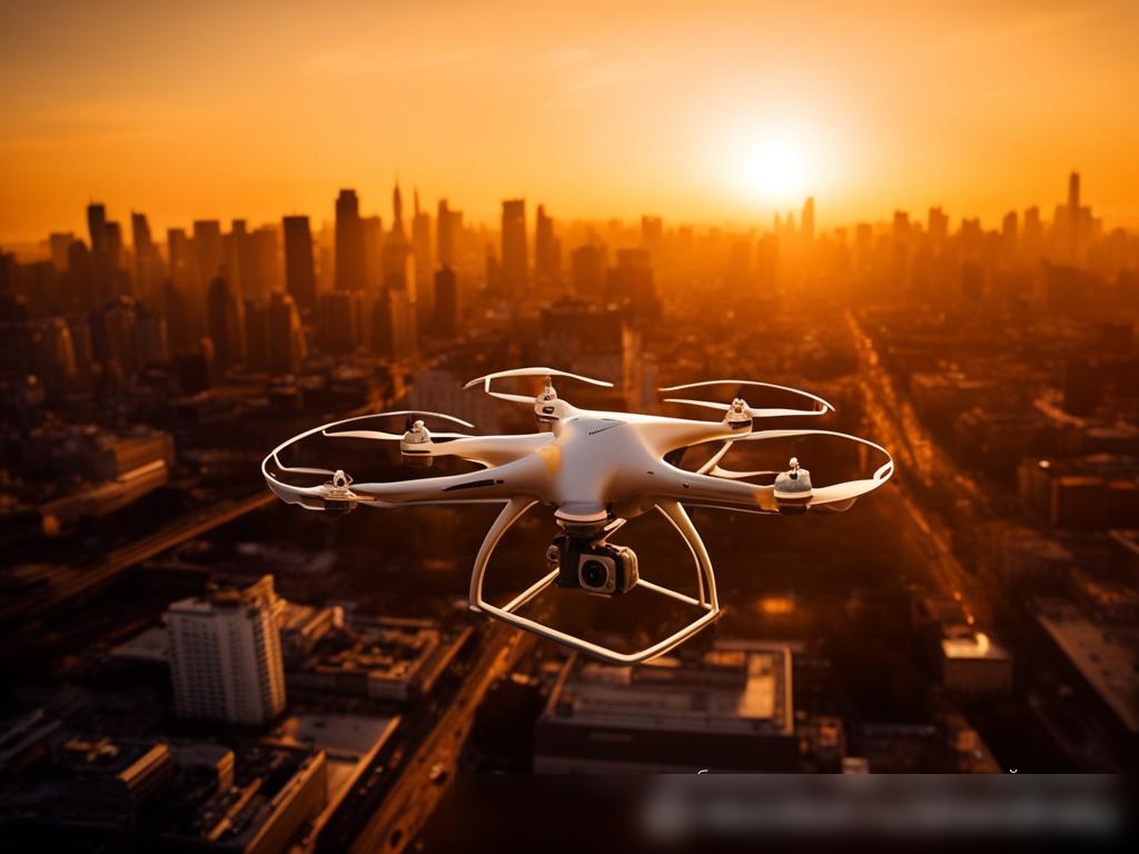 Современный квадрокоптер, парящий над оживленным городским пейзажем на закате - Пример 4