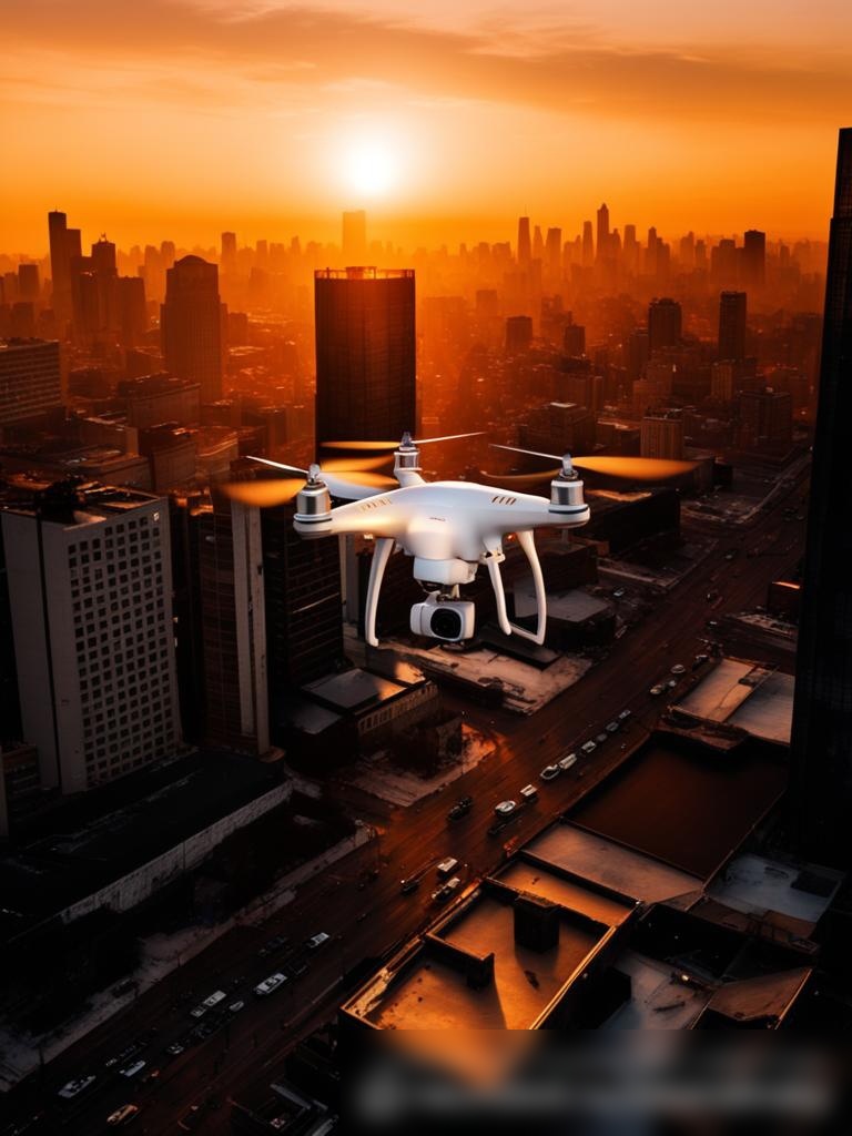Современный квадрокоптер, парящий над оживленным городским пейзажем на закате - Пример 5