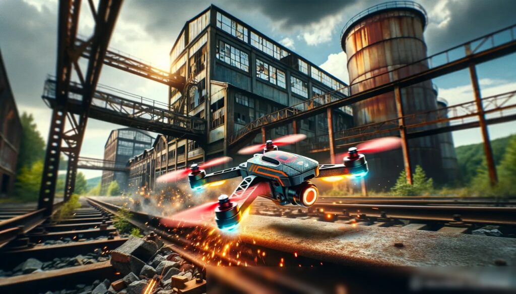 Гоночный дрон, пролетающий через препятствия на заброшенной промышленной территории - Пример 2