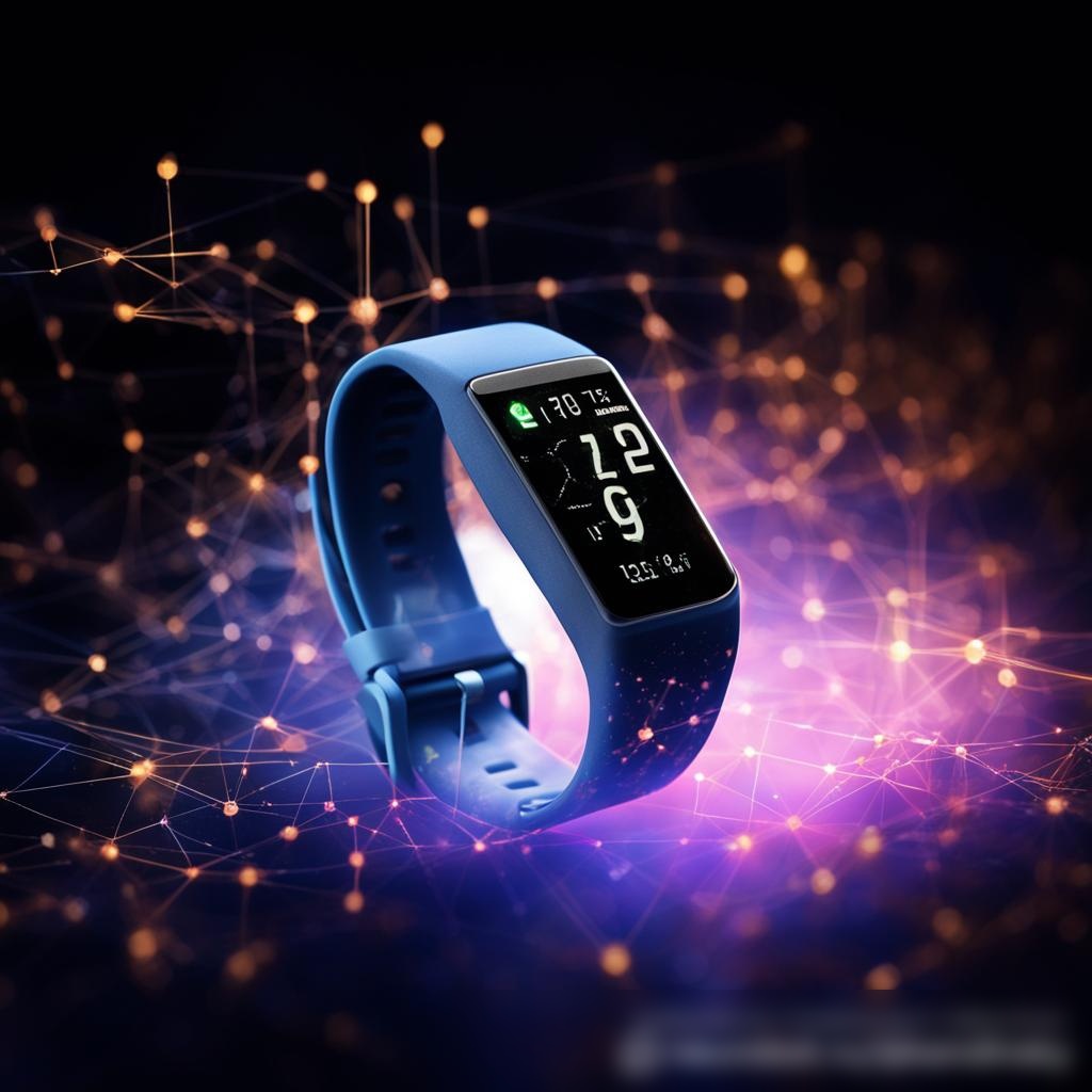 Художественное изображение интерфейса фитнес-трекера с близкого расстояния, на фоне высокотехнологичной цифровой темы - Пример 1