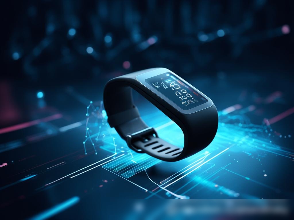 Художественное изображение интерфейса фитнес-трекера с близкого расстояния, на фоне высокотехнологичной цифровой темы - Пример 2