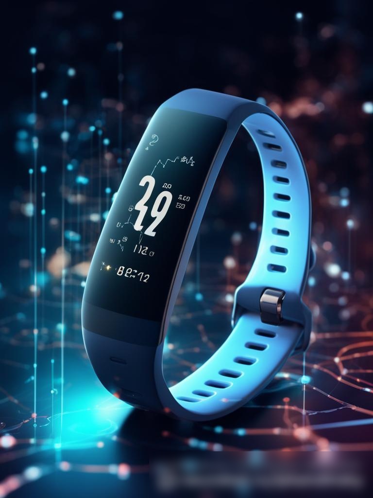 Художественное изображение интерфейса фитнес-трекера с близкого расстояния, на фоне высокотехнологичной цифровой темы - Пример 3