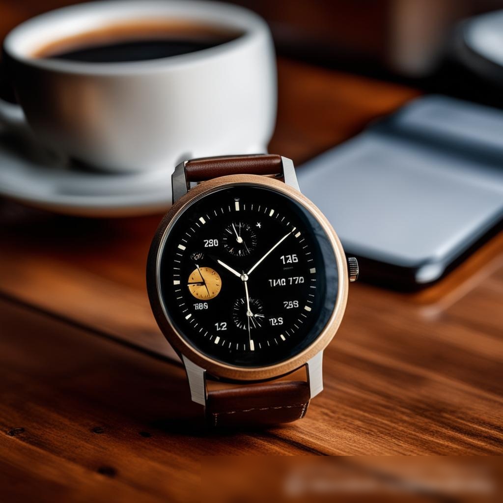 Стильные унисекс-часы на деревянном столе, с чашкой кофе и смартфоном в фоне - Пример 3